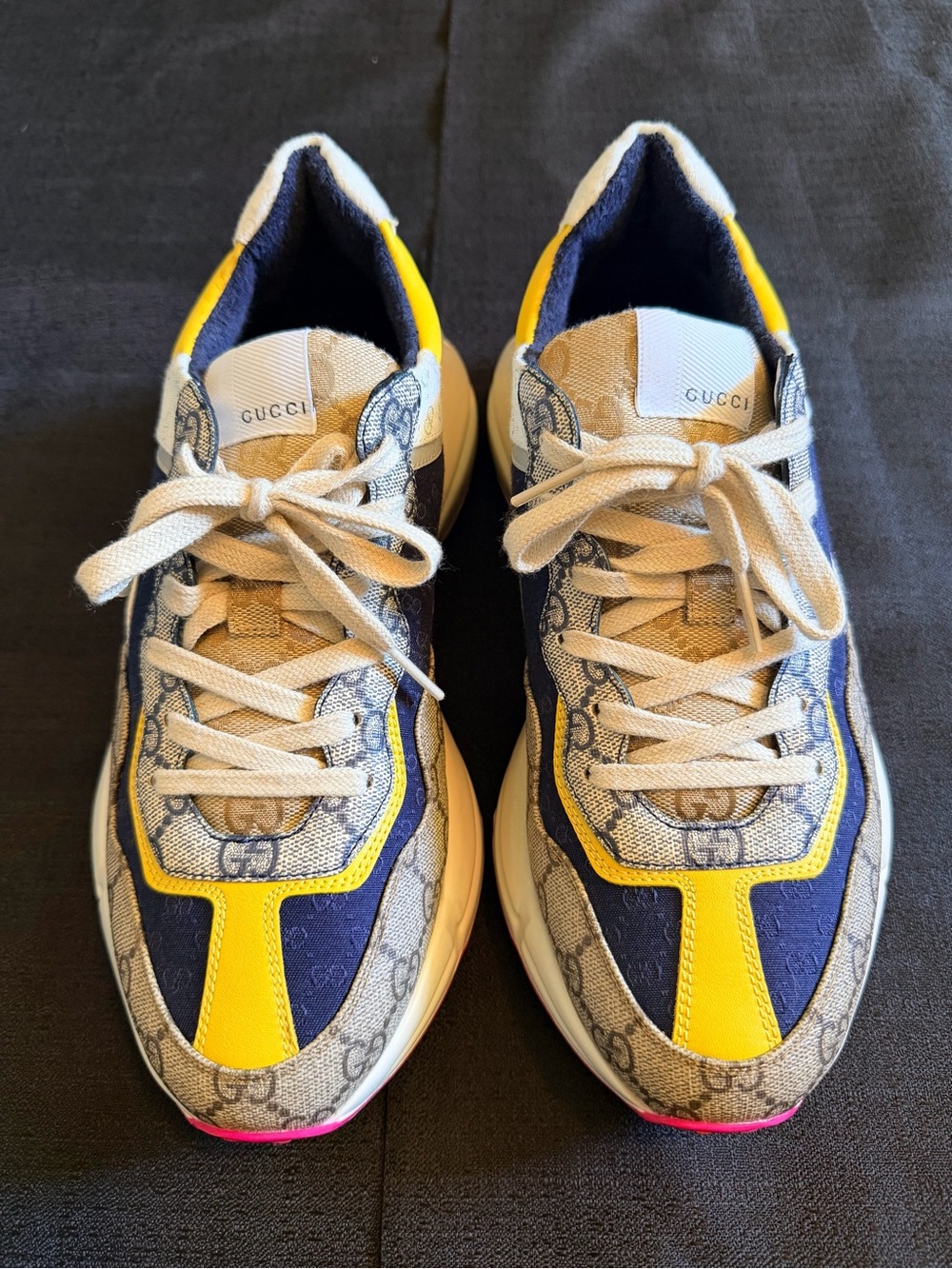 Gucci Rhyton Sneakers - Beige, White, Navy, Yellow & Pink Accents